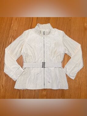 Women's Light Cream Belted Trench Coat with Textured Panels